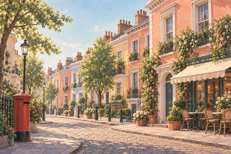 Pastel London townhouses and a neighborhood café