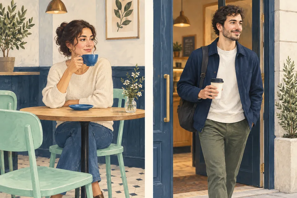 Left: a seated customer drinks from a blue ceramic cup at a café table. Right: another customer leaves with a lidded paper takeaway cup.