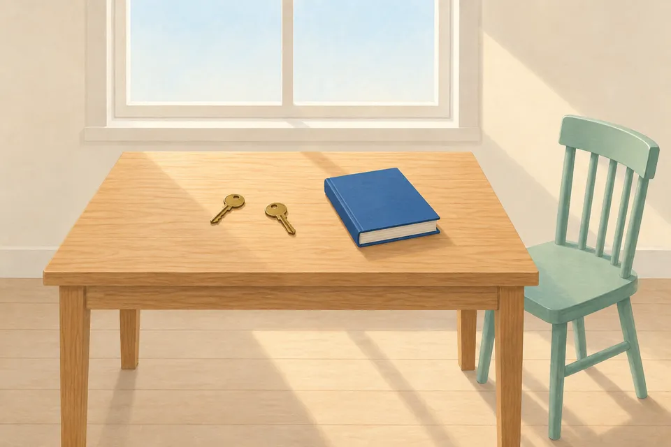 Two separate keys and a closed blue book lie on a wooden table. A green chair is beside the table, with a window behind it.