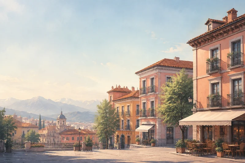 Sunlit Spanish plaza with terracotta buildings and a café
