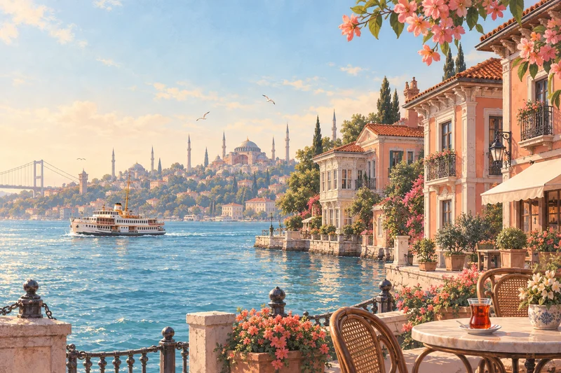 Istanbul waterfront with a ferry and a glass of Turkish tea